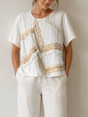 Paper Lace Lagenlook Boho Boxy Trim Detail Top M